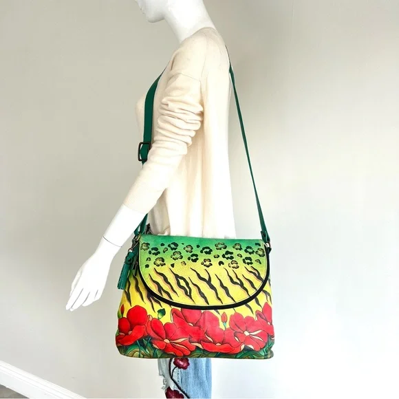 ANUSCHKA Multicolor Hand Painted Leather Wallet w Shoulder Bag Crossbody Satchel - Picture 11 of 16